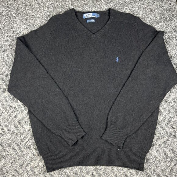 Polo Ralph Lauren Sweater Men's L Black 100% Lambs Wool V Neck Pullover Vintage - Picture 2 of 6